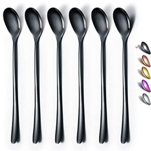 Black Long Handle Spoon, Coffee Stirrers, Premium Stainless Steel Coffee Spoons, Ice Tea Spoons, Ice Cream Spoon, Cocktail Stirring Spoons, Tea Spoons, Set of 6 (Black)