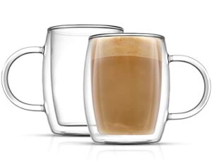 JoyJolt Double Wall Glass Coffee Mugs – 13.5oz Double Walled Glasses, Thermal Borosilicate Glass Insulated Coffee Mug. Clear Coffee Glass Cup, Cappuccino Mug, Iced Coffee Cup, Tea Mugs