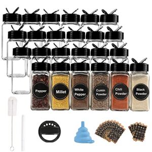 TAKETAO, 24pcs Glass Spice Jars,4oz Empty Square Glass Bottles Spice Containers with Black Caps,336 Waterproof Spice Labels,1pcs Silicone Collapsible ​Funnel Test Tube Brush Chalk Marker (24)