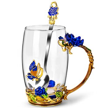 OEAGO Gifts for Mom Women Mothers Day Glass Coffee Enamels Mug Best Birthday Butterfly Rose Gifts for Her from Daughter Son Lead-Free Stocking Stuffers Christmas Blue Tea Cup with Spoon Set | The Storepaperoomates Retail Market - Fast Affordable Shopping