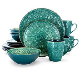 Elama Round Stoneware Embossed Dinnerware Dish Set, 16 Piece, Ocean Teal and Green