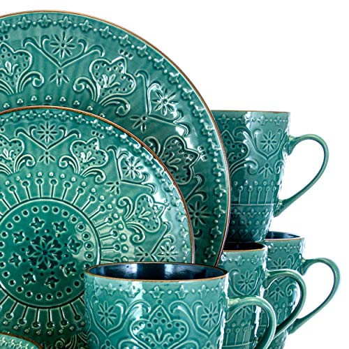 Elama Round Stoneware Embossed Dinnerware Dish Set, 16 Piece, Ocean Teal and Green | The Storepaperoomates Retail Market - Fast Affordable Shopping