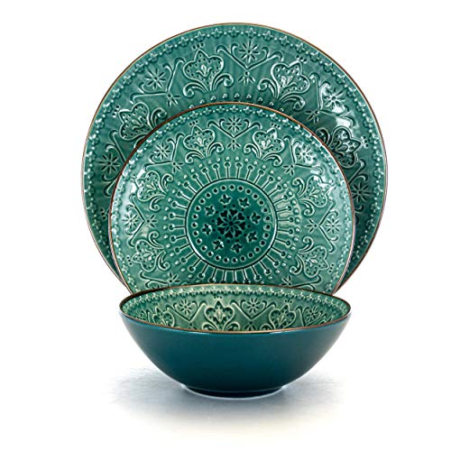 Elama Round Stoneware Embossed Dinnerware Dish Set, 16 Piece, Ocean Teal and Green | The Storepaperoomates Retail Market - Fast Affordable Shopping