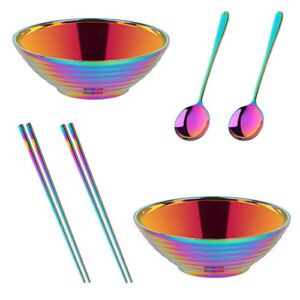 Ramen Noodle Soup Bowl,2 Sets Double Layer 18/8 Stainless Steel Bowl(7.09 inch), with Matching Spoon and Chopsticks by Buy THINGS!（Rainbow）