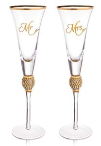 Wedding Champagne Flute – Mr And Mrs Champagne Flute With Gold Rim – Wedding Gift For Couple – Rhinestone Studded Bride And Groom Champagne Glass – Bride Gift – Mr And Mrs Gift Set of 2 By Trinkware