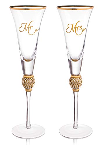 Wedding Champagne Flute – Mr And Mrs Champagne Flute With Gold Rim – Wedding Gift For Couple – Rhinestone Studded Bride And Groom Champagne Glass – Bride Gift – Mr And Mrs Gift Set of 2 By Trinkware | The Storepaperoomates Retail Market - Fast Affordable Shopping