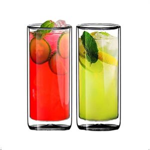 Sun’s Tea Double Wall Insulated Glass Tumbler, 16oz (450ml) Highball Glass Cups for Beer, Lemonade, Iced Tea, Tropical Drink, Cocktail, Smoothie, Mojito and Mixed Drinks, Set of 2 – Collins Style