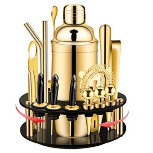 X-cosrack 19-Piece Bar Set,Gold Cocktail Shaker Set for Drink Mixing:Stainless Steel Bar Tools with Rotating Stand,Professional Bartender Kit for Home Bars, Parties