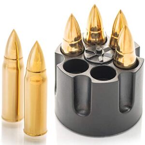 Whiskey Stones Bullets with Base – Gold XL Whiskey Ice Cubes Reusable for Men – Set of 6 Whiskey Bullets Stainless Steel in Revolver Base – Chilling Whiskey Rocks Gift Set by Amerigo