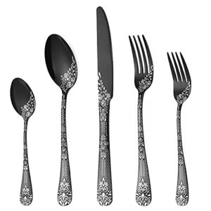 PHILIPALA 20-piece Mirror Silverware Set, Black Flatware Set Service for 4, Stainless Steel Cutlery Set with Unique Pattern Design, Tableware Eating Utensil Set for Kitchen, Dishwasher Safe