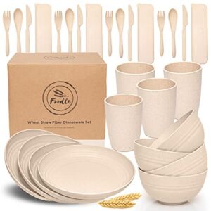 FOODLE Wheat Straw Dinnerware Sets for 4 – Lightweight & Unbreakable Dishes – Microwave & Dishwasher Safe – Perfect for Camping, Picnic, RV, Dorm – Plates, Cups and Bowls – Great for Kids & Adults