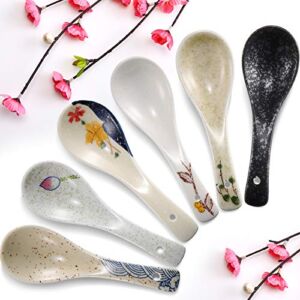 Newtay 6 Pieces Japanese Retro Soup Spoons Ceramics Soup Spoons Japanese Style Rice Spoon Flatware Asian Chinese Serving Spoons Appetizers Tableware Meal Partner for Tasting