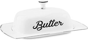 AuldHome Farmhouse White Butter Dish, Vintage Style Enamelware Butter Dish with Cover