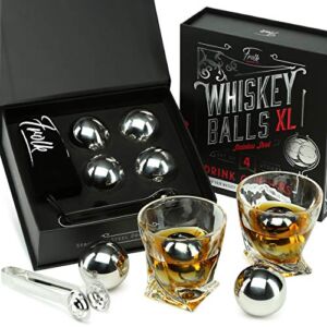 4 XL Stainless Steel Whisky Ice Balls, Special Tongs & Freezer Pouch in Luxury Gift Box for Whiskey Lovers!