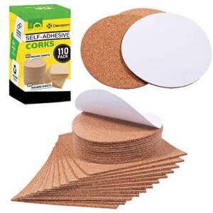 Self Adhesive Cork Squares and Round – Premium 110 Pack Mini Corks 4″ x 4″ Board Sheets Tiles with 1/8″ Thickness – Natural Corkboard Mats for Backing Also Used as Coasters DIY Drawing Craft Wall