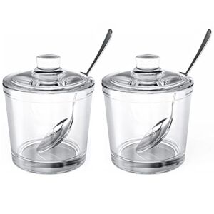 ZEAYEA Set of 2 Clear Glass Sugar Bowl, 6 Ounce Seasoning Box Condiment Pots with Spoon and Lid, Sugar Spice Salt Canister for Home Kitchen, Coffee Bar, Restaurant