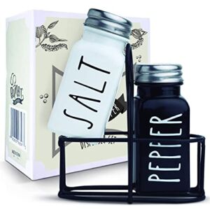 Farmhouse Salt and Pepper Shakers Set, a cute black and white premium glass shakers with stainless steel lids in a black metal holder, perfect for adding a vintage kitchen decor charm, great as a gift