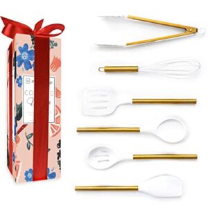 STYLED SETTINGS White Silicone and Gold Kitchen Utensils Set for Modern Cooking and Serving, Stainless Steel Gold Cooking Utensils and Gold Serving Utensils- Luxe White and Gold Kitchen Accessories