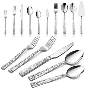 45-Piece Hammered Silverware Set with Serving Utensils, HaWare Stainless Steel Flatware with Square Edge for 8, Fancy Cutlery Tableware, Include Knifes Forks Spoons, Mirror Polished, Dishwasher Safe