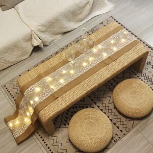 40 LED Table Runner With String Lights Handmade Burlap Roll Linen Fabric Tablecloth, Lace Natural Jute Rectangle Table Cover for Buffet, Party, Holiday Dinner, Reception, Wedding Decor – 12 x 108 Inch