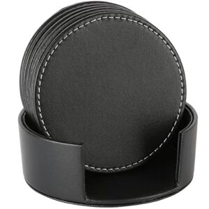 CARLWAY Set of 6 Leather Drink Coasters Round Cup Mat Pad for Home and Kitchen Use Black, 3.94″