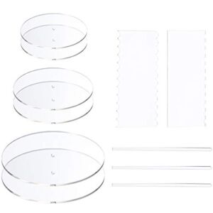 AQUIVER Acrylic Round Cake Disk Set – Cake Discs Circle Base Boards with Center Hole – 2 Comb Scrapers (4 Patterns) & 3 Dowel Rod – 6.25″, 8.25″, 10.25″, 2 of Each Size – Supplies for 3 Tier Cakes