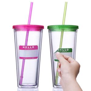 Cupture Classic Insulated Double Wall Tumbler Cup with Lid, Reusable Straw & Hello Name Tags – 24 oz, 2 Pack (green/pink)