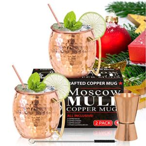 Benicci Moscow Mule Copper Mugs – Set of 2 – 100% HANDCRAFTED – Food Safe Pure Solid Copper Mugs – 16 oz Gift Set with BONUS – Premium Quality Cocktail Copper Straws, Straw Cleaning Brush and Jigger!