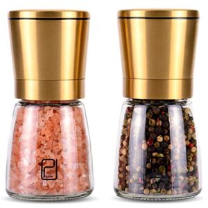 Gold Salt and Pepper Grinder Set – Golden Salt and Pepper Shaker Mill – Brass Pepper Grinders Refillable – Adjustable Coarseness – Sea Salt, Black Peppercorn