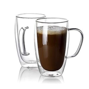 Sweese 416.101 Glass Coffee Mugs Set of 2 – Double Wall Tall Insulated Tea Cups Coffe Cups with Handle Glassware, Perfect for Cappuccino, Latte, Macchiato, Tea, Coffee Lover, Iced Beverages, 15 oz