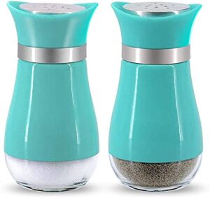 Salt and Pepper Shakers (2-Pc. Set), Glass Pepper Shaker with Stainless Tops,Cute Salt and Pepper Shakers,Clear Bottom,Kitchen Dining Cooking BBQ,Refillable Design(Mint Green)