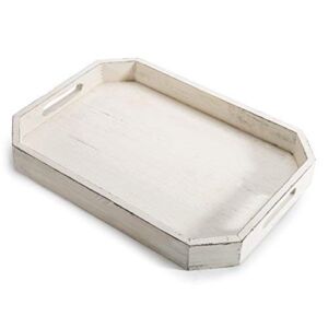 MyGift Whitewashed Wood Serving Tray with Handles and Angles Edges, Farmhouse Coffee Table Decorative Tray