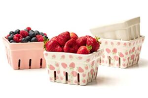 Farmhouse Ceramic Berry Basket, Colander, Strawberry Decor, Fruit Bowls, Fruit Baskets, Kawaii Strawberry Kitchen bowl, Pink White and Cute Strawberry pattern Stoneware Harvest Square Bowls Set of 4