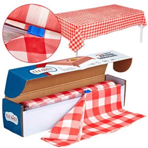 Red Gingham Plastic Tablecloth Roll With Cutter, 100′ x 52″ – Heavy Duty Party Table Cloth In Self Cutting Box – For Picnics, BBQs, and Birthday Parties – By Clearly Elegant