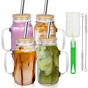 BESTBEL 4 Pack Mason Jar Cups with Bamboo Lids and Stainless Steel Straws 24 OZ Mason Jar Mugs with Handle Regular Mouth Mason Jars Drinking Glasses Coffee Cups with Lids