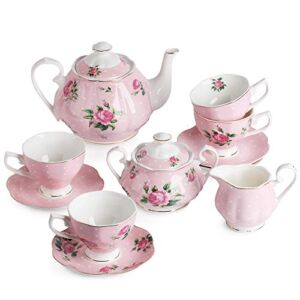 BTaT- Floral Tea Set, Tea cups (8oz), Tea Pot (38oz), Creamer and Sugar Set, Gift box, China Tea Set, Tea Sets for Women, Tea Cups and Saucer Set, Mother’s Day Gift, Christmas Gift