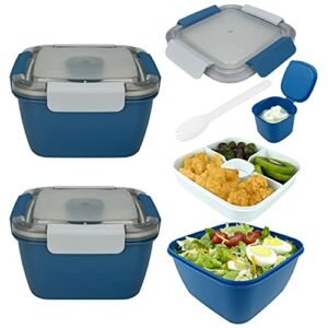 Bokzen 2 Packs-Salad Container for Lunch,52-oz Salad Bowls with 3-Layered Compartments+1-Dressing Container+1-Reusable Forks, Used to meal pre-prepare Food Fruit Snack,Leak Proof Design（ Blue）