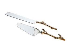 2 Piece Gold leaf (twig) Cake Server Set. 1 Cake Knife and 1 Cake Server. Leaf Design 2 Tone Made of Stainless Steel and Brass. Ideal for Weddings, Party’s, Elegant events.
