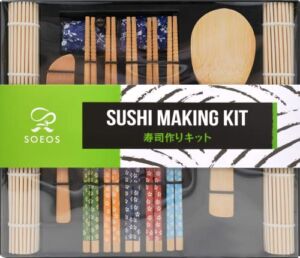 Soeos Beginner Sushi Making Kit, 10 Piece Bamboo Sushi Kit with 2 Bamboo Rolling Mats, 5 Pairs Chopsticks, Paddle, and Spreader, All Natural, Sushi Making Kit Gift Set, Sushi Maker Kit, Sushi Maker.