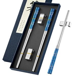 Metal Chopsticks Reusable 2 Pairs Titanium Plated Stainless Steel Chopsticks with Holder, Dishwasher Safe Non-Slip Japanese Style Chop Sticks Gift Set (Blue Silver)