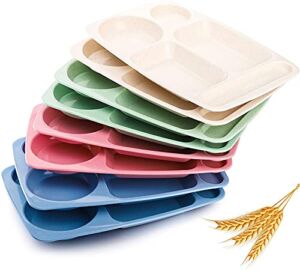 WUWEOT 8 Pack Divided Food Plates, 13.5″ Wheat Straw Tray, 5-Compartment Unbreakable Fast Food Tray for Toddlers Kids Children Adults, Microwave Dishwasher Safe, BPA Free, Lightweight