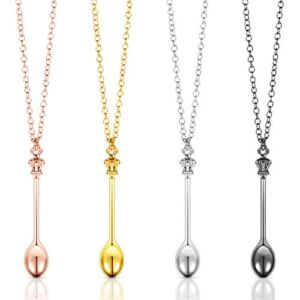 4 Pieces Spoon Necklace Teaspoon Pendant Necklace Crown Teaspoon Mini Spoon for Filling Vials with Salts, Sand, Glitter with Necklace Loop Pendant (Gold, Silver, Rose Gold, Black)