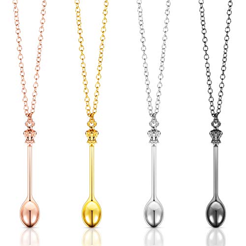 4 Pieces Spoon Necklace Teaspoon Pendant Necklace Crown Teaspoon Mini Spoon for Filling Vials with Salts, Sand, Glitter with Necklace Loop Pendant (Gold, Silver, Rose Gold, Black) | The Storepaperoomates Retail Market - Fast Affordable Shopping