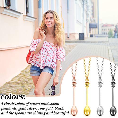 4 Pieces Spoon Necklace Teaspoon Pendant Necklace Crown Teaspoon Mini Spoon for Filling Vials with Salts, Sand, Glitter with Necklace Loop Pendant (Gold, Silver, Rose Gold, Black) | The Storepaperoomates Retail Market - Fast Affordable Shopping