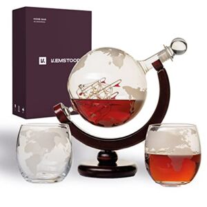 Kemstood Whiskey Decanter Set – Etched World Globe Whiskey Decanter Sets for Men with 2 Glasses in Gift Box – Whiskey Gifts for Men – Home Bar Accessories for All Kinds of Alcohol Drinks and Vodka
