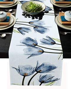 Floral Table Runner-Blue Tulip Cotton linen-Small 36 inche Dresser Scarves,Flower Rustic Tablerunner for Kitchen Coffee/Dining Table Bedroom Home Living Room,Summer Spring Holiday Dinner Scarf Decor