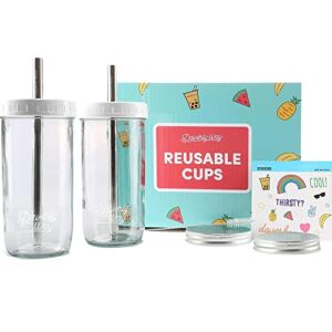 Daverly Way Reusable Boba Bubble Smoothie Cups With 4 Lids And 2 Metal Reusable Straws And Straw Cleaner In Fun Gift Box (2-pack, 24oz Boba Tea Drinking Jars)