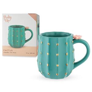 Pinky Up Cactus Mug, 3D Green Ceramic, Gold Details, Holds 10 Ounces, Coffee & Tea Accessories, Cute Succulent Coffee Mug