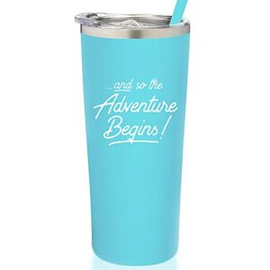 SassyCups and so the Adventure Begins Tumbler | Vacuum Insulated Stainless Steel Cup with Straw for Graduation | New Job Coffee Travel Mug | Cold Drink Tumbler | Going Away (22 Ounce, Aqua Blue)
