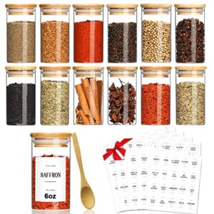 GMISUN Spice Jars with Bamboo Lids, 12 Pcs 6oz Glass Spice Container with 225 Pcs Spice Labels, Empty Round Spice Bottles with Wood Airtight Lid, Farmhouse Food Storage Jars & Canisters with Spoon